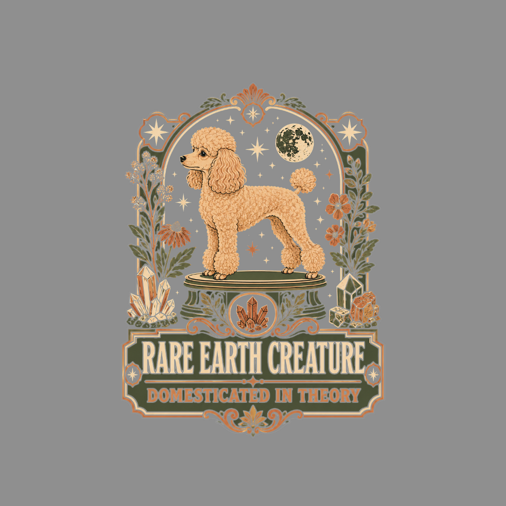 Golden poodle standing amidst crystals, flowers, moon and stars with "RARE EARTH CREATURE" text.