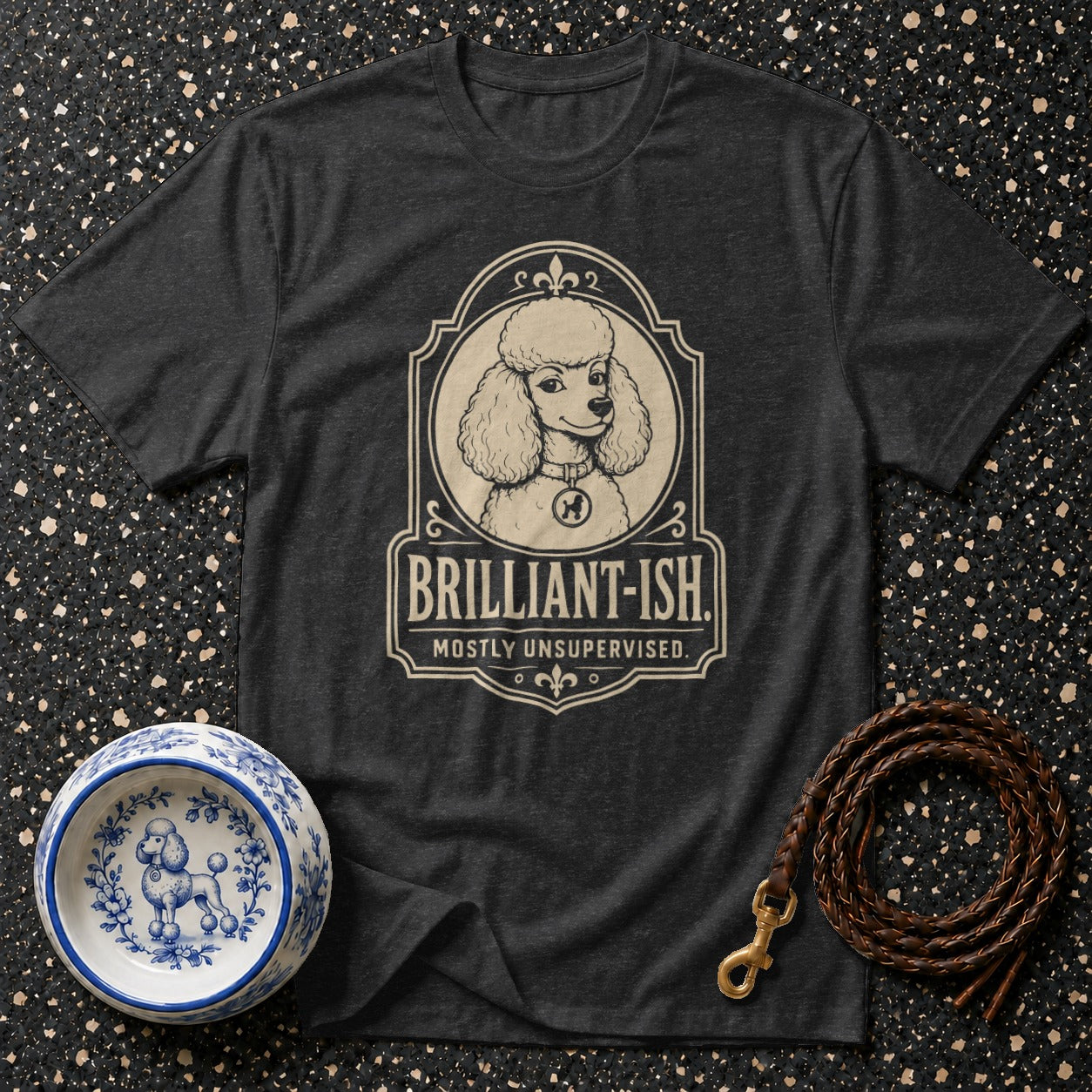 Dark gray t-shirt with poodle graphic and "Brilliant-ish. Mostly Unsupervised." text.