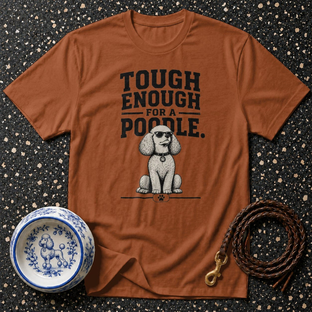 T-shirt with "Tough Enough for a Poodle" text and a poodle wearing sunglasses.