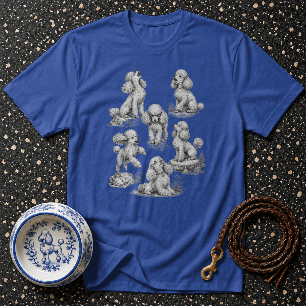 Royal blue t-shirt with an all-over sketch print of seven poodles in various poses.