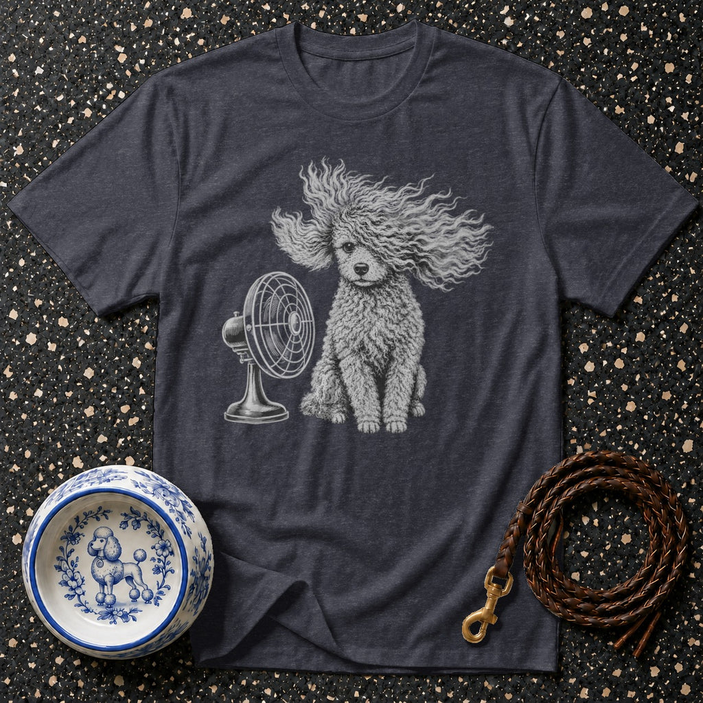 Dark grey t-shirt with a poodle in front of a fan, next to a dog bowl.