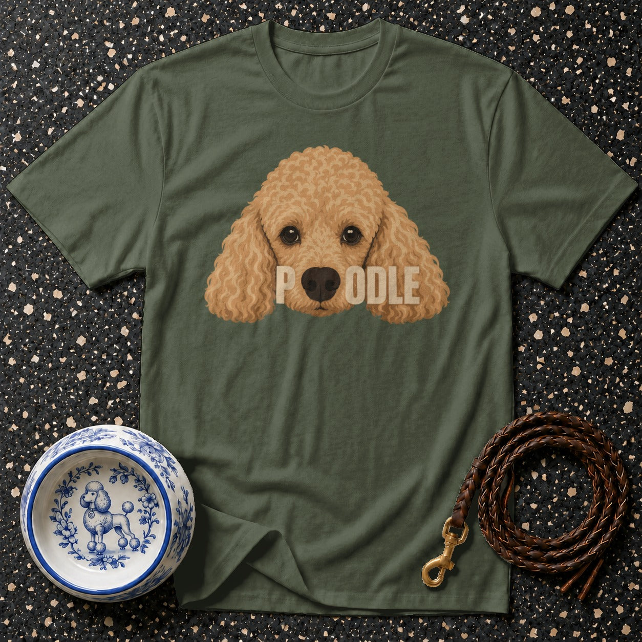 Olive green t-shirt with a golden poodle face and "POODLE" text.