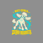 Cream poodle with curly fur, surrounded by turquoise and yellow water splashes, text "WET CURLS. ZERO REGRETS."