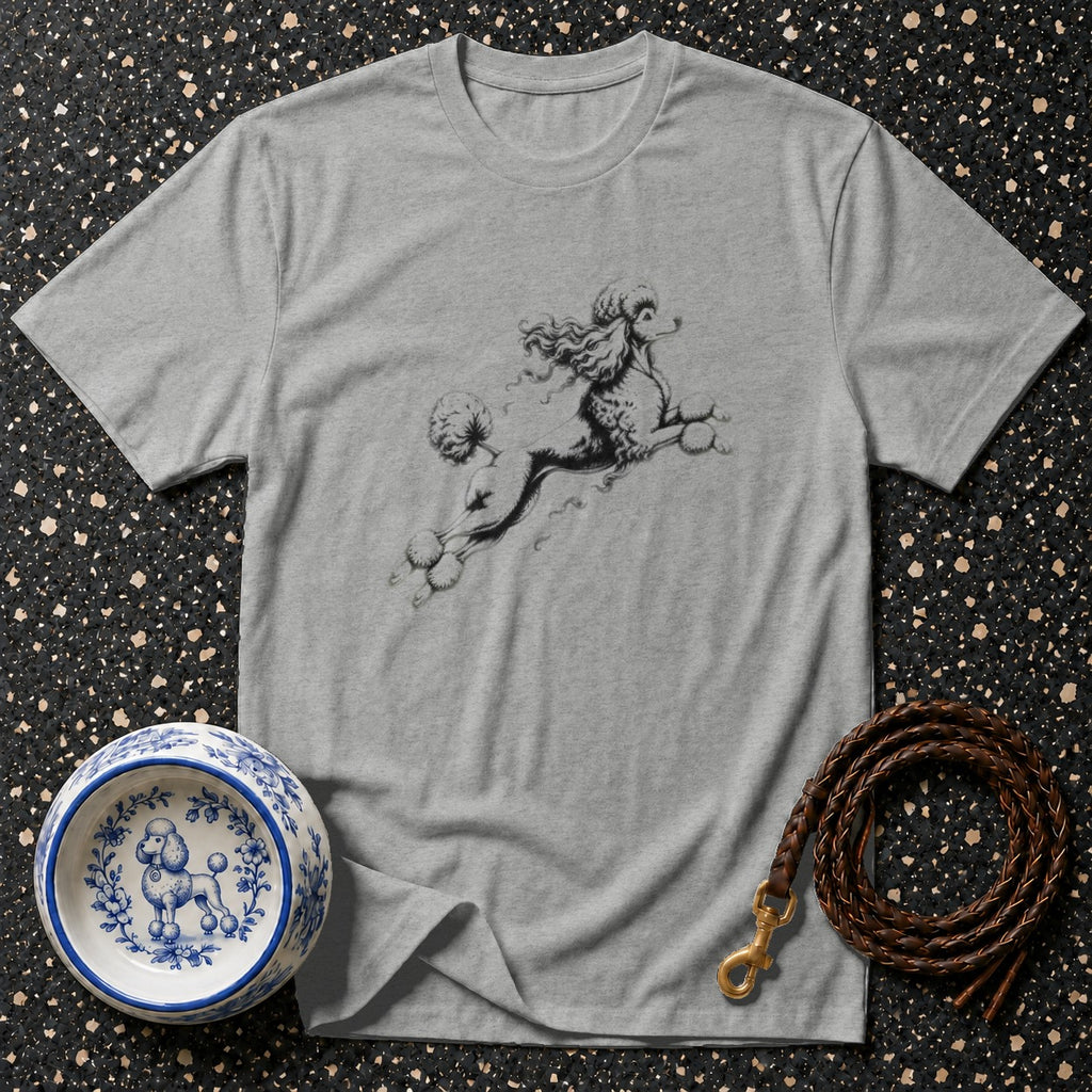 Gray t-shirt with black poodle graphic, dog bowl, and leather leash.