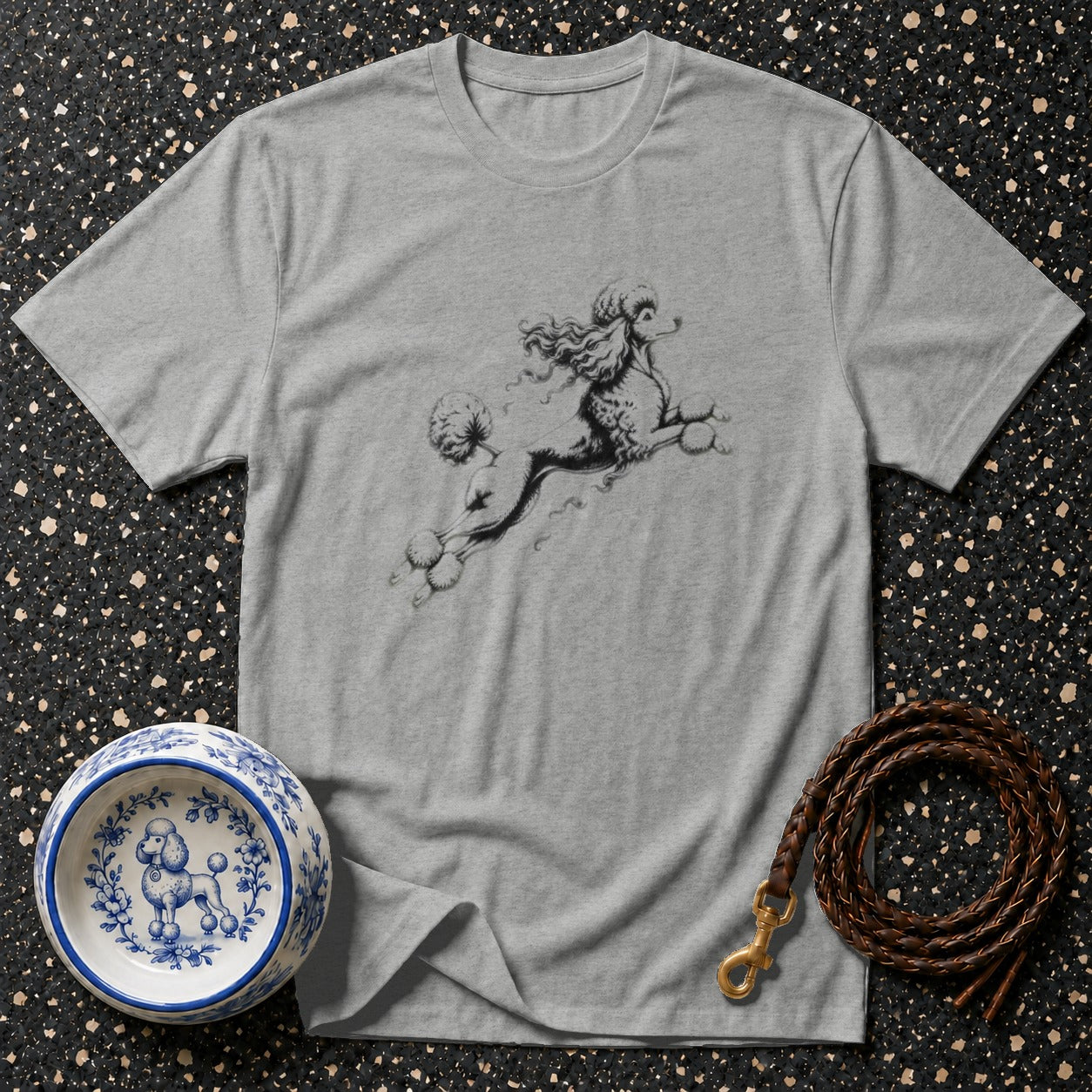 Gray t-shirt with black poodle graphic, dog bowl, and leather leash.