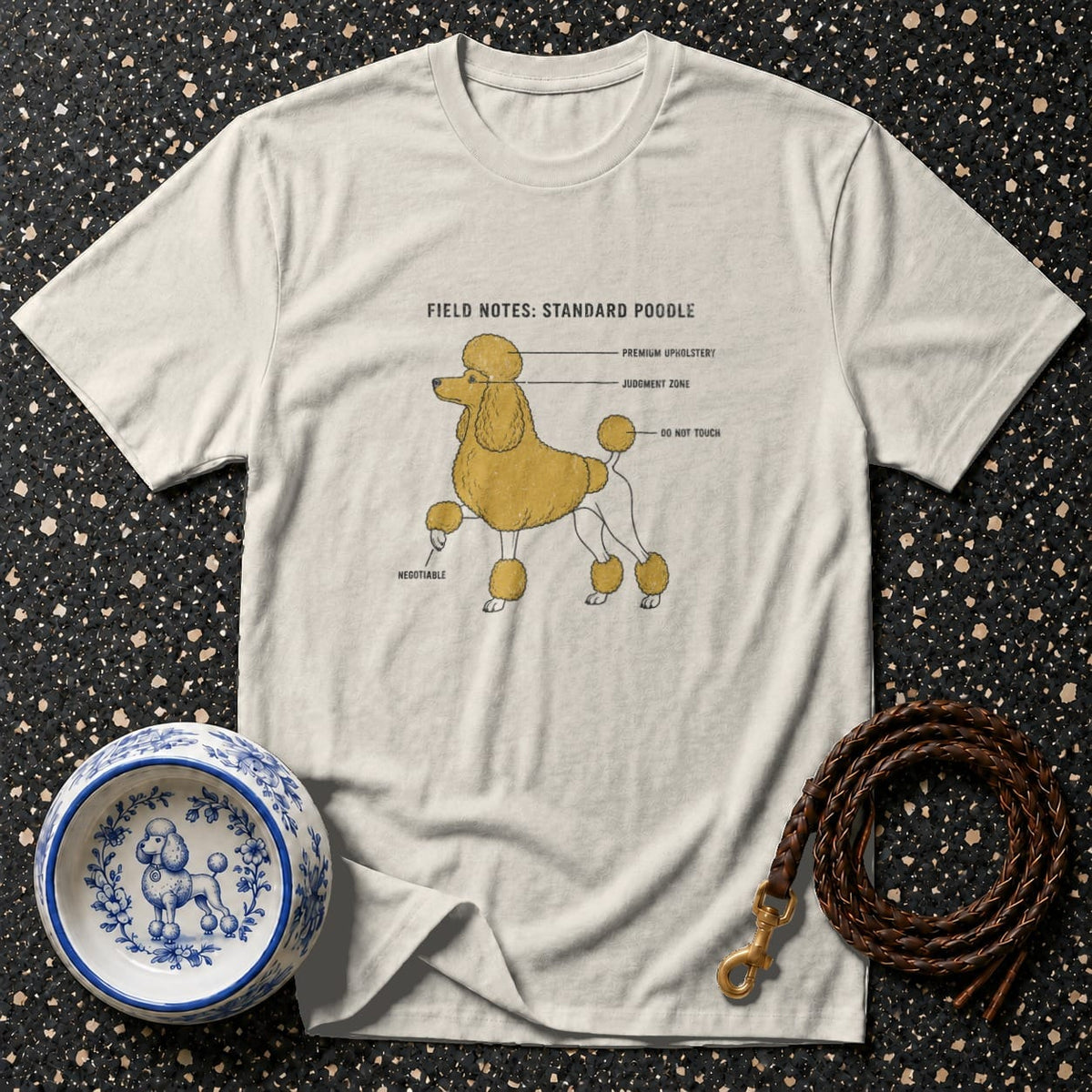 Light colored t-shirt with a diagram of a standard poodle labeled "Field Notes."