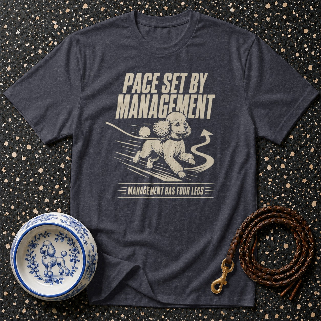 Dark blue t-shirt with "Pace Set by Management" and poodle graphic.