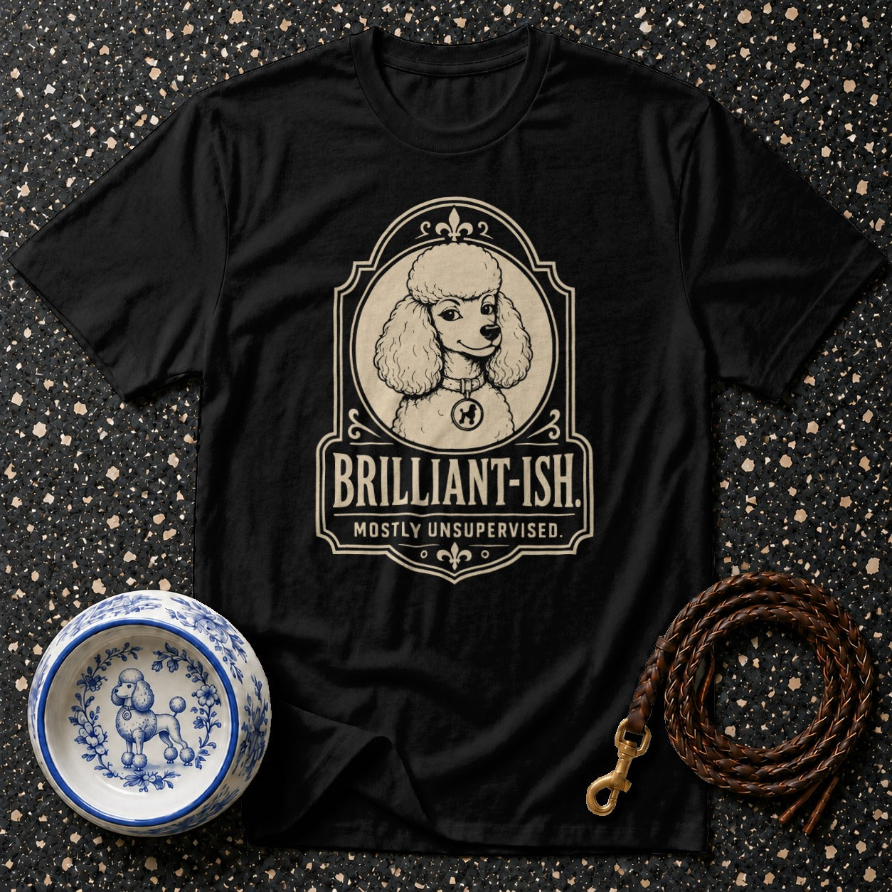 Black t-shirt with a poodle graphic and text "BRILLIANT-ISH."
