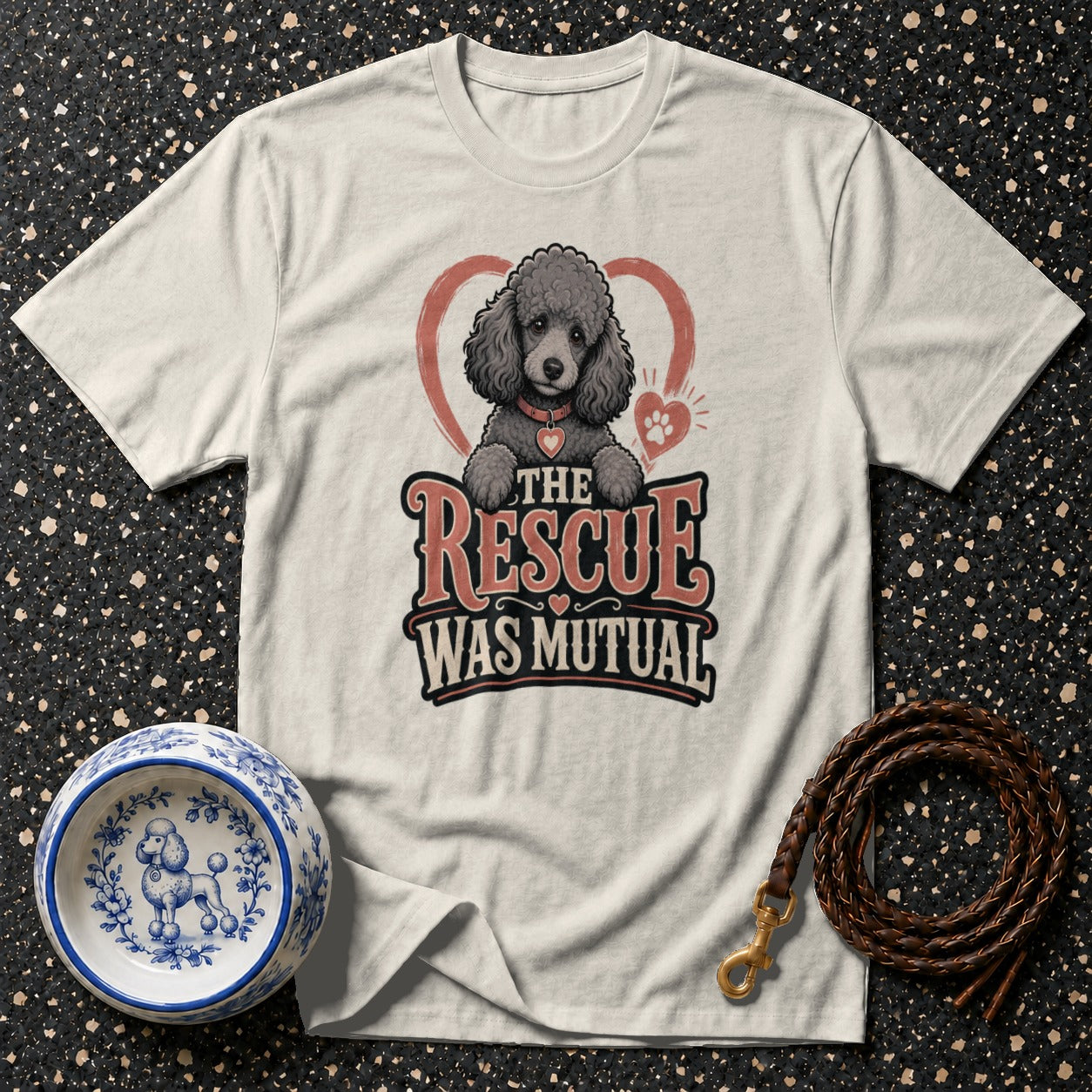 T-shirt with a gray poodle graphic and text "The Rescue Was Mutual".