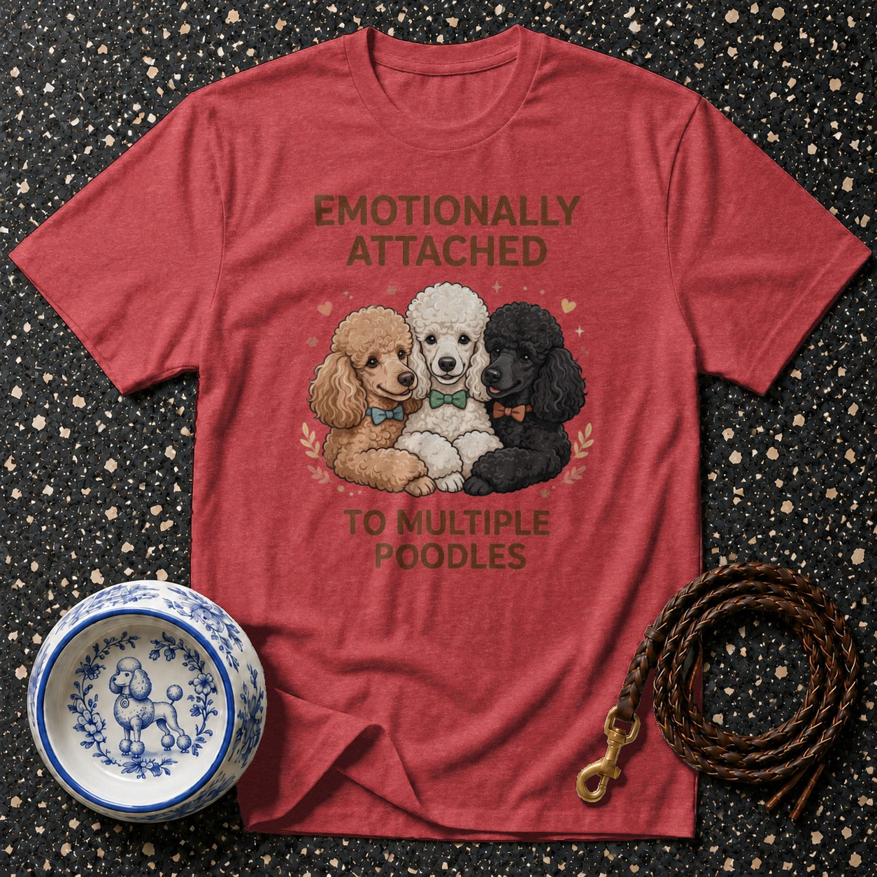 Red t-shirt with three poodles and text "Emotionally Attached to Multiple Poodles".