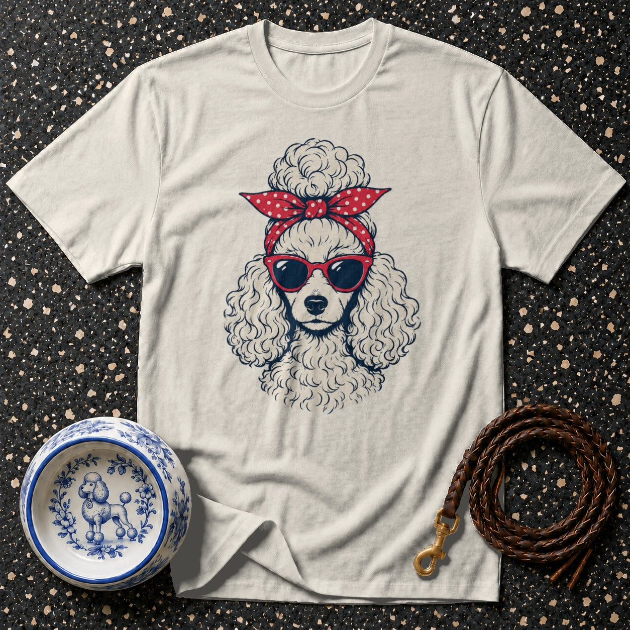 White t-shirt with sketched poodle wearing bandana and sunglasses.