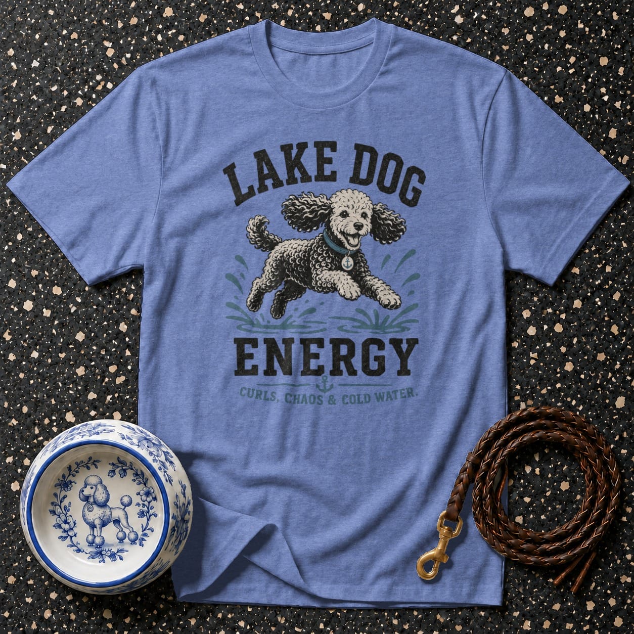 Blue t-shirt with "Lake Dog Energy" and poodle graphic.