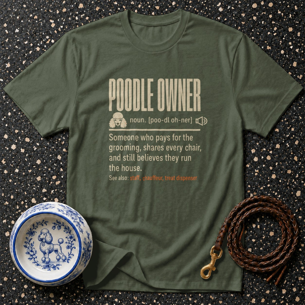 Green t-shirt with "Poodle Owner" definition and dog accessories.