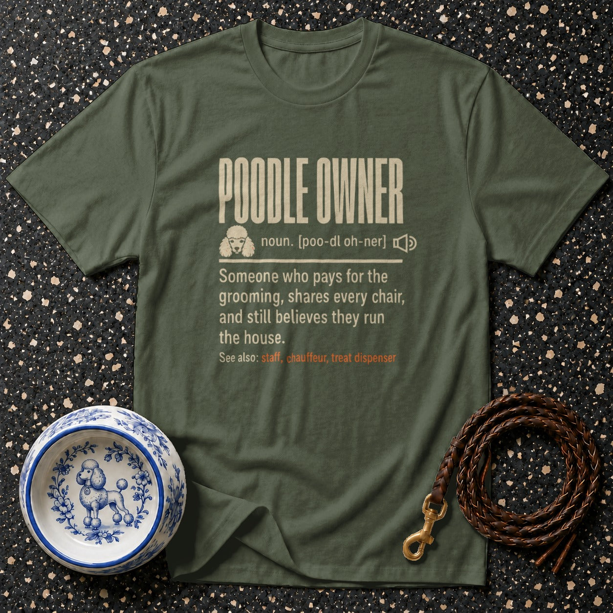 Green t-shirt with "Poodle Owner" definition and dog accessories.