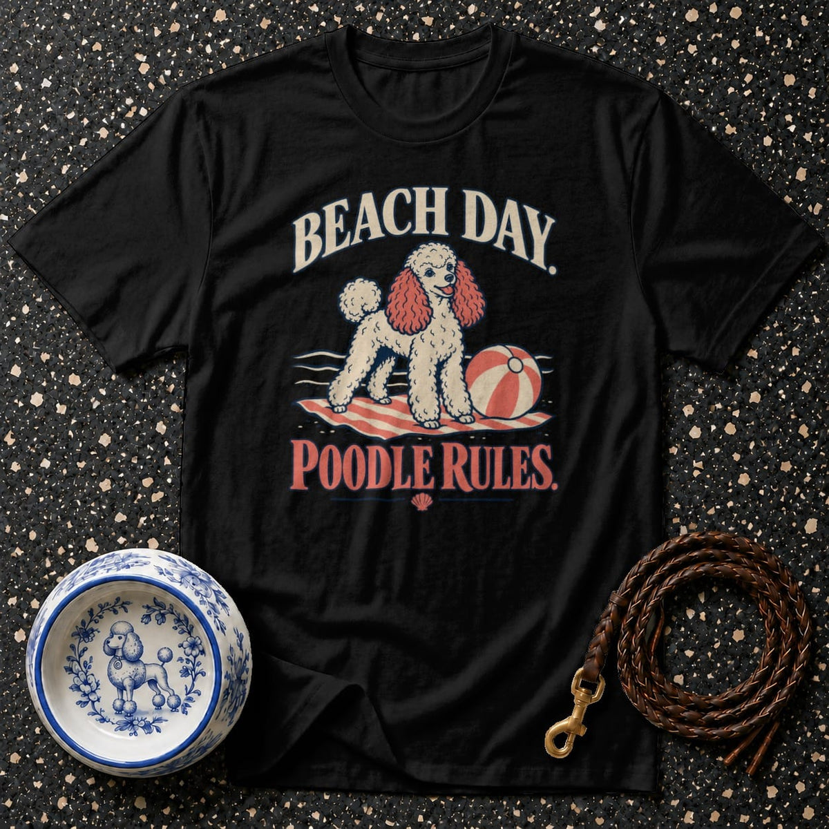 Black t-shirt with "Beach Day Poodle Rules" text and poodle graphic.