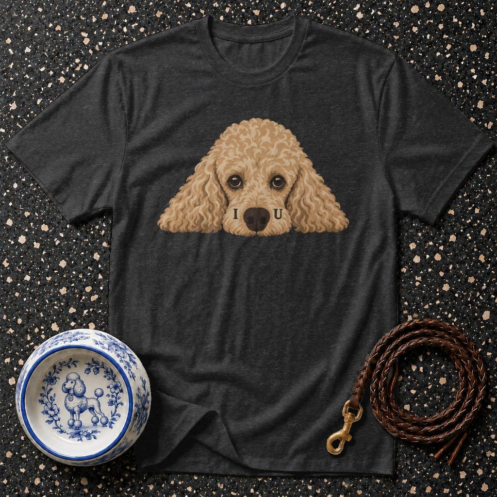 Dark grey t-shirt with poodle graphic saying "I U", dog bowl and leash.