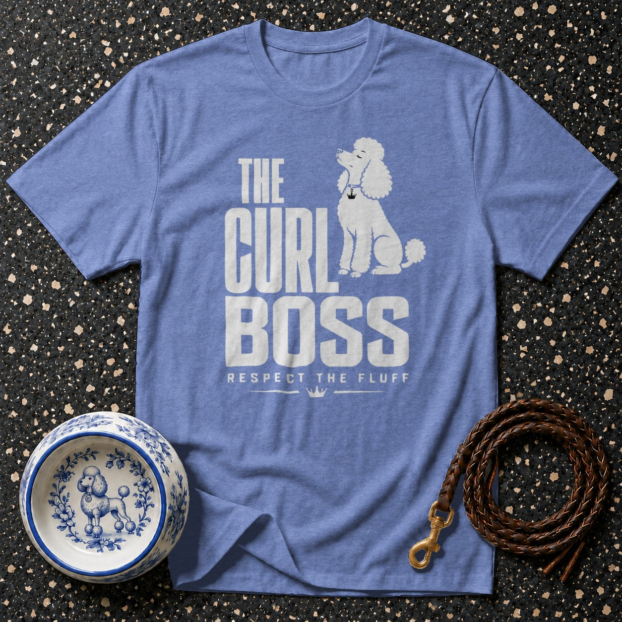 Blue t-shirt with white text "The Curl Boss Respect The Fluff" and a poodle graphic.