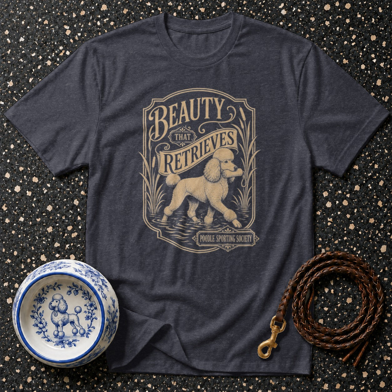Dark grey t-shirt with "Beauty That Retrieves" and a poodle graphic.