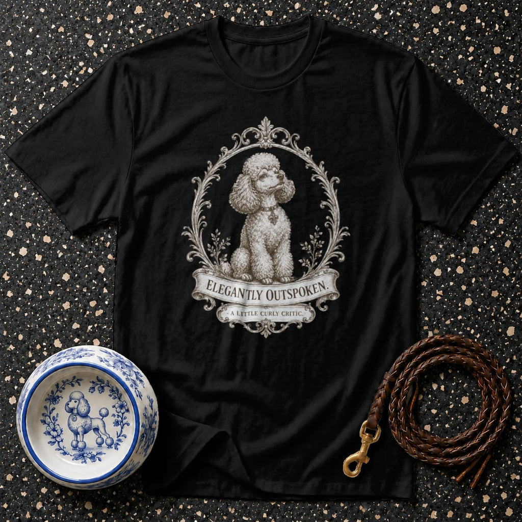 Black t-shirt with poodle art and "Elegantly Outspoken." text.