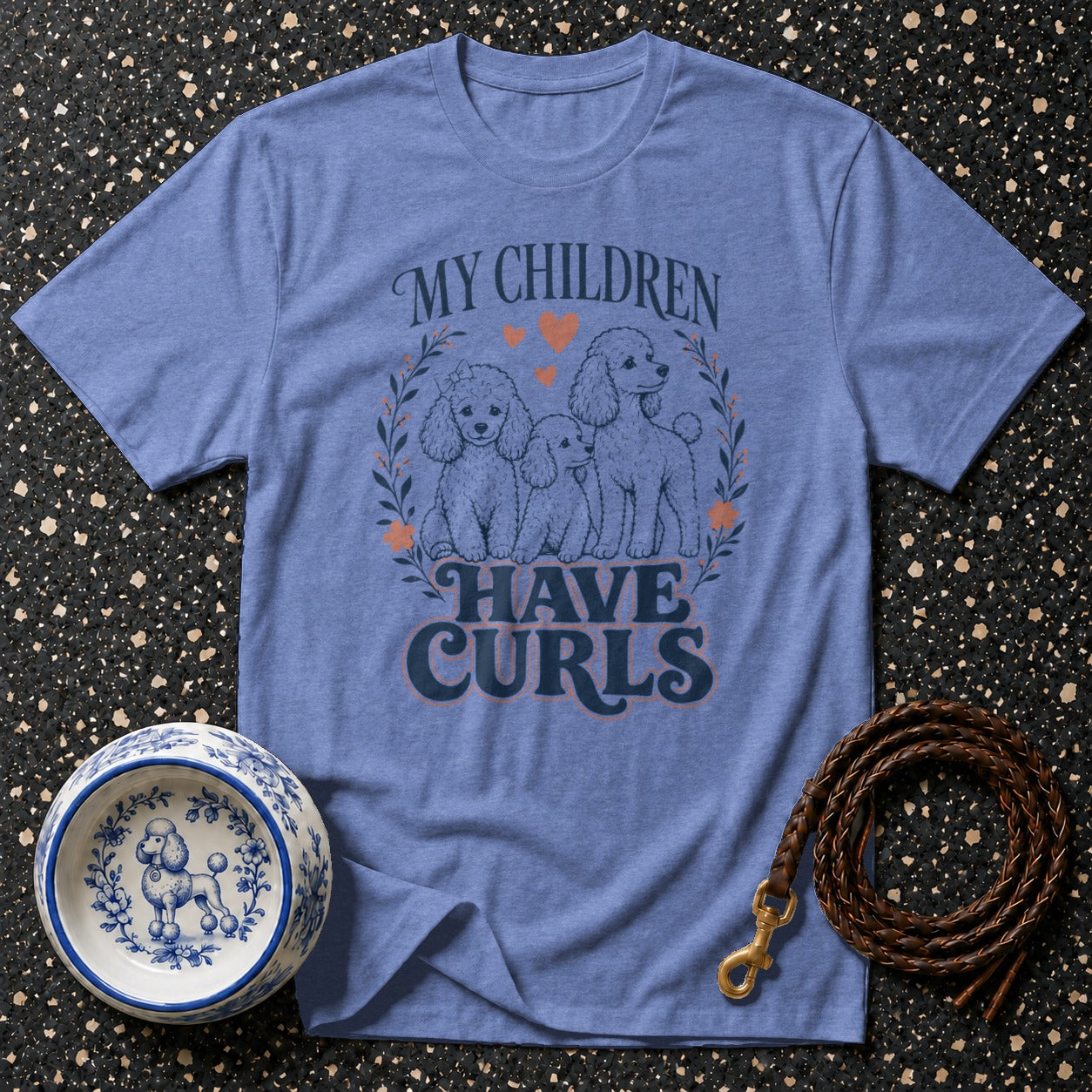 Blue t-shirt with three poodles and text "MY CHILDREN HAVE CURLS".