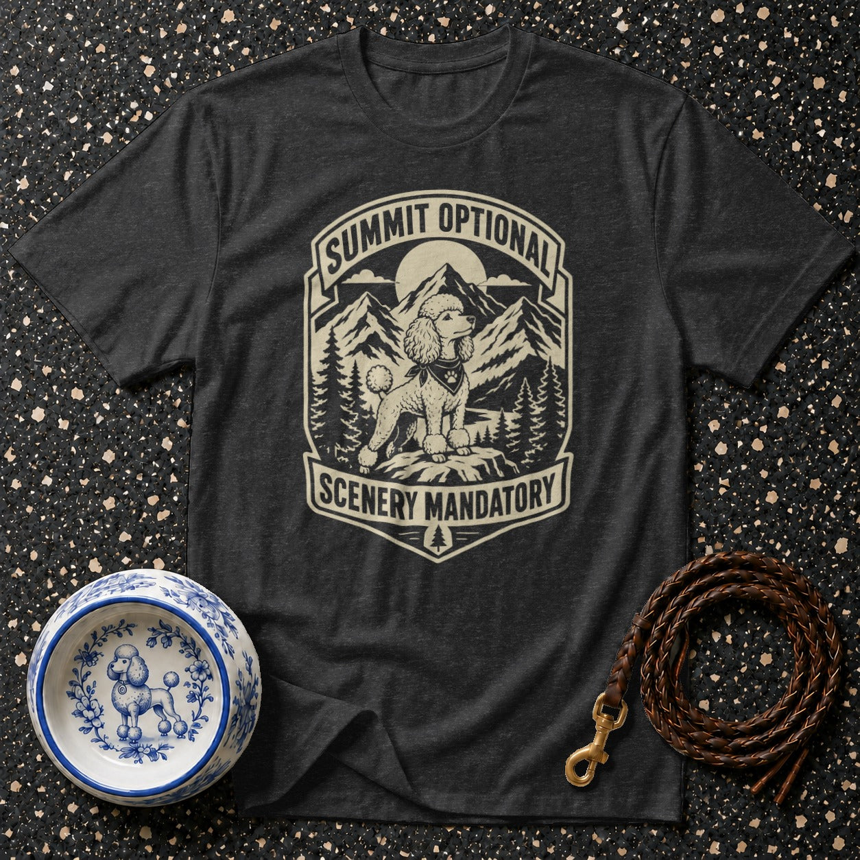 Dark grey t-shirt with poodle graphic and text "Summit Optional Scenery Mandatory".