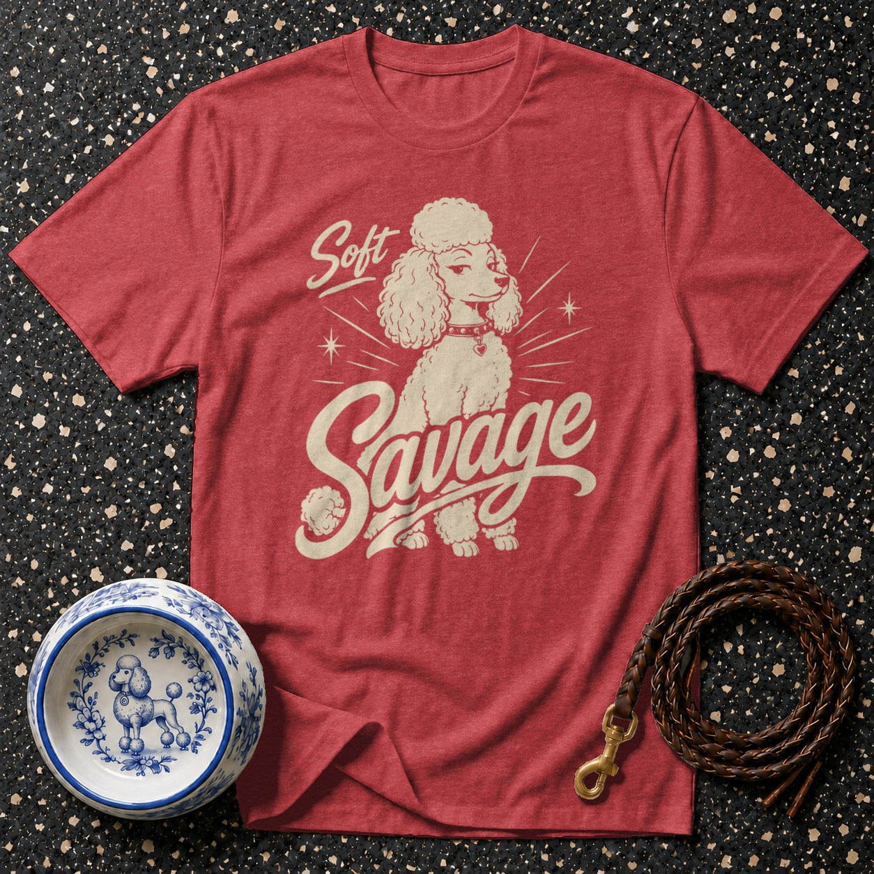 Red t-shirt with a poodle graphic and the words "Soft Savage".