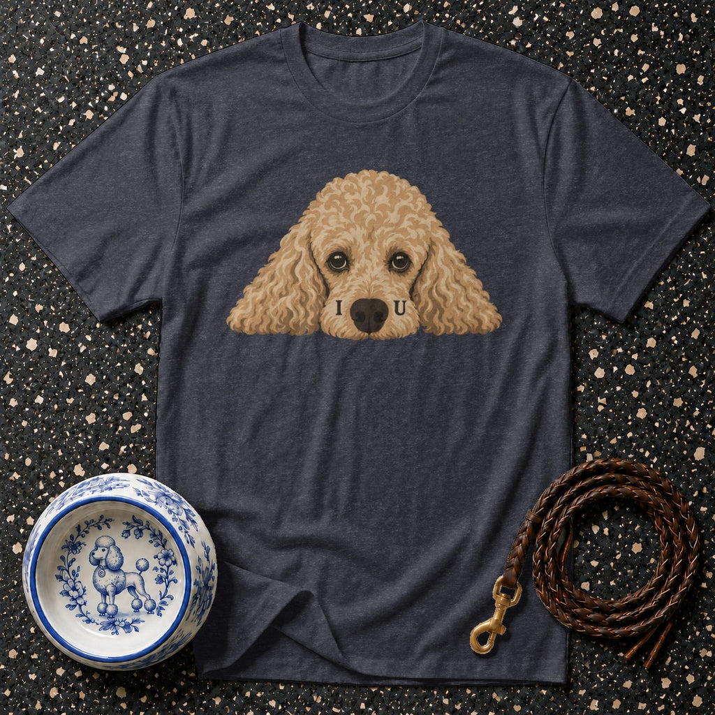 T-shirt with poodle graphic that reads "I U", dog bowl, and leather leash.