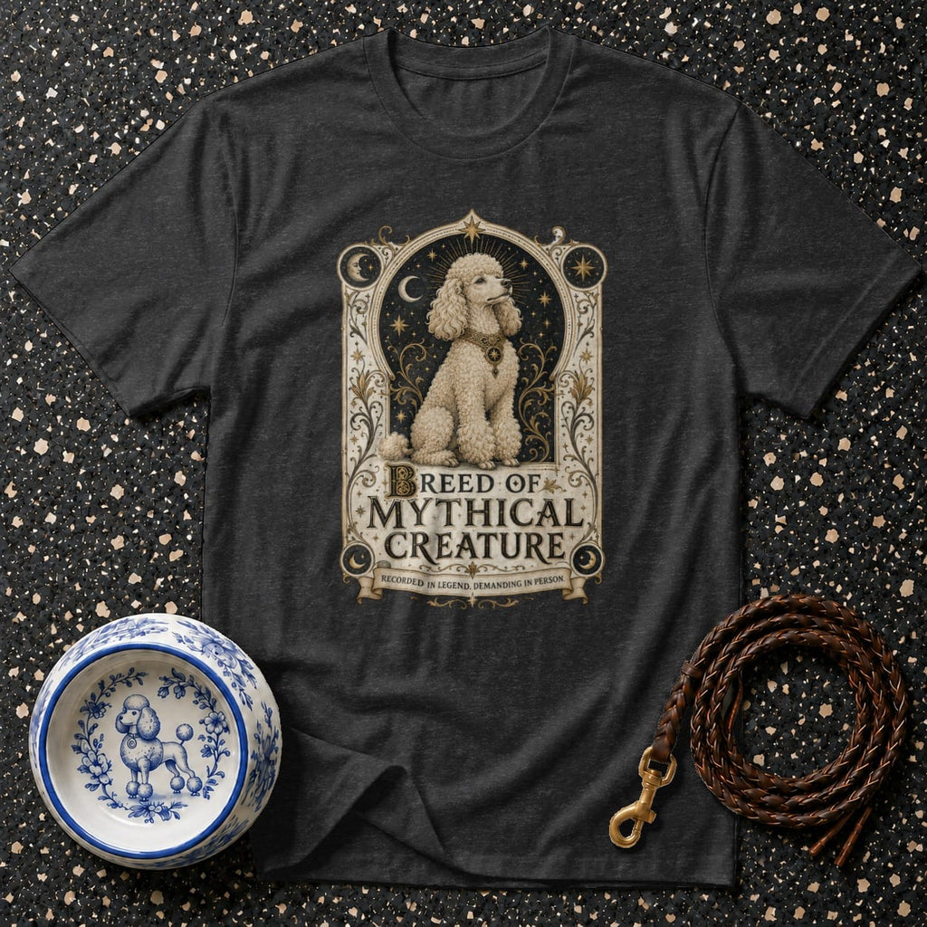 Dark t-shirt with a poodle illustration and "Breed of Mythical Creature" text.