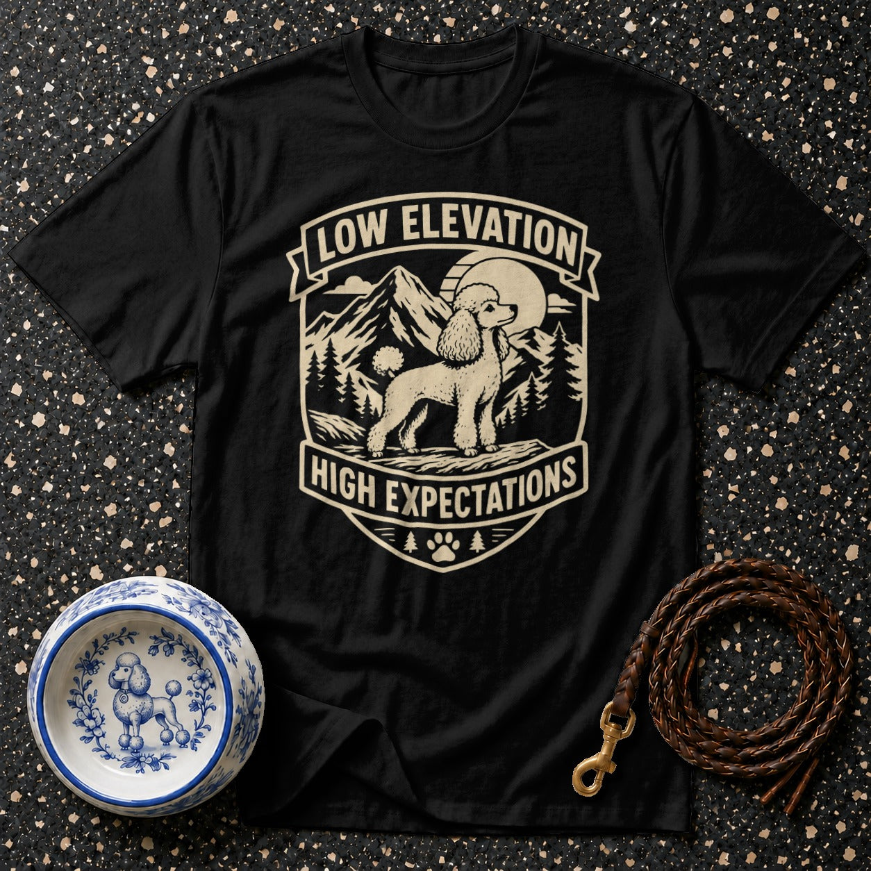 Black t-shirt with poodle graphic and text "Low Elevation High Expectations".