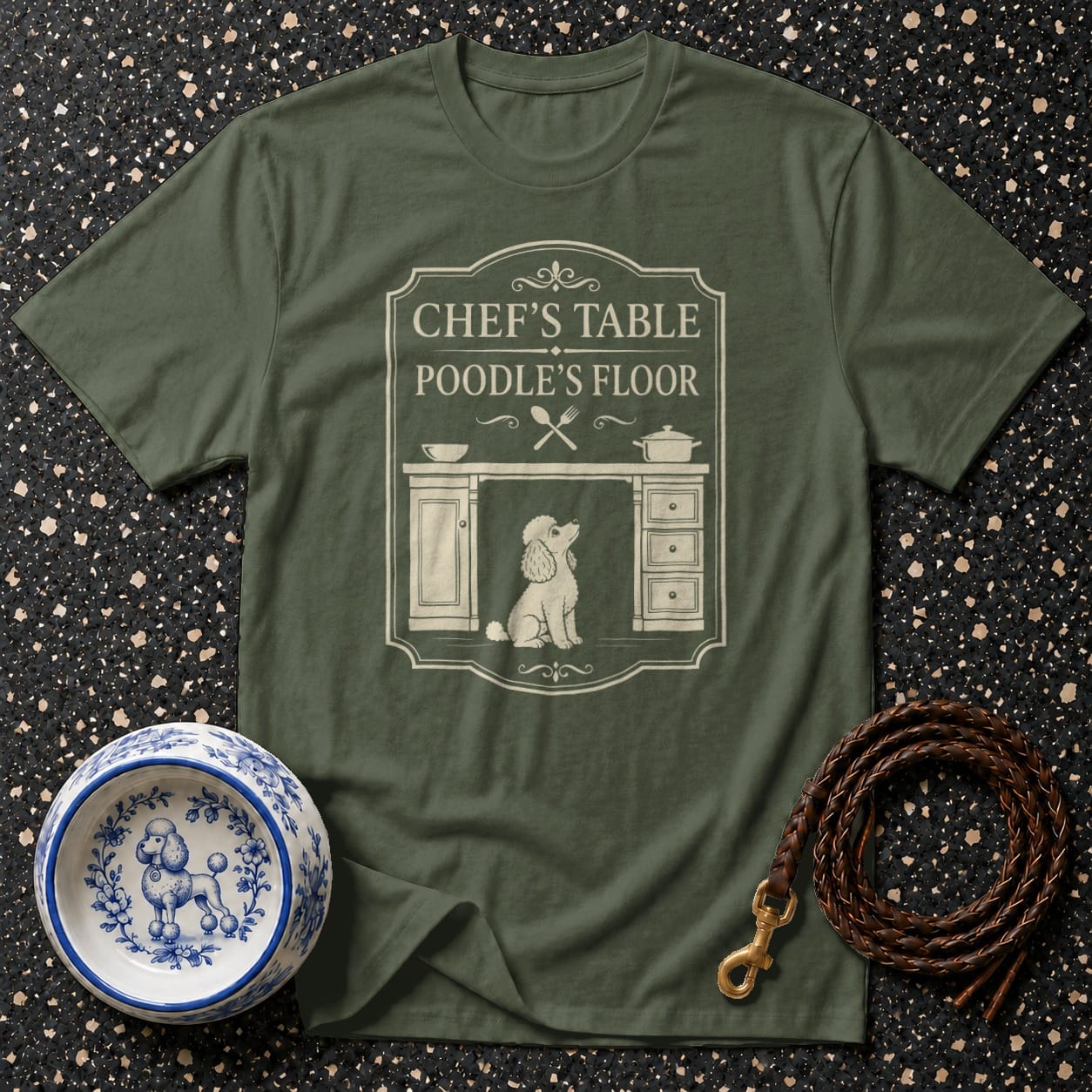 Green t-shirt with "Chef's Table Poodle's Floor" and poodle graphic.