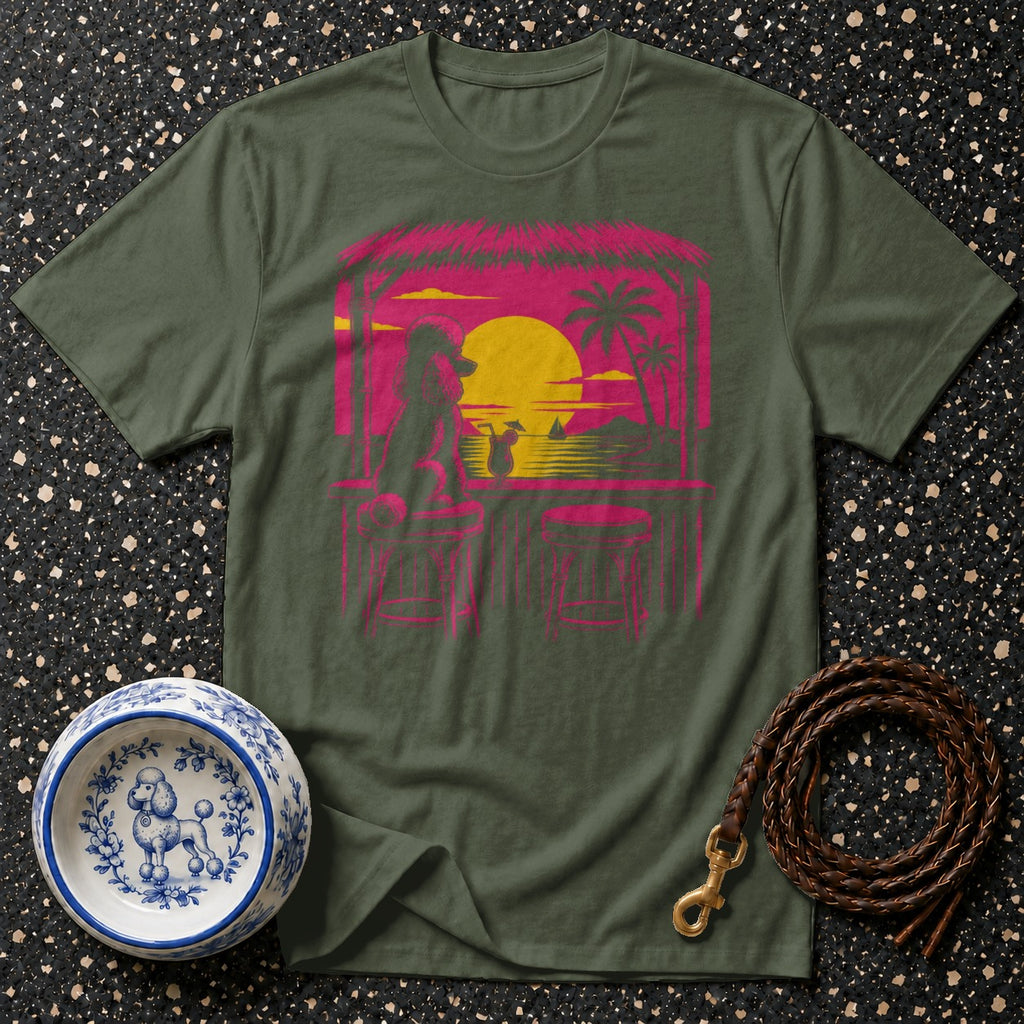 Green t-shirt with poodle at a tropical beach bar sunset graphic.