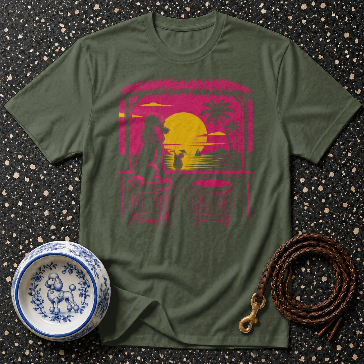 Green t-shirt with poodle at a tropical beach bar sunset graphic.