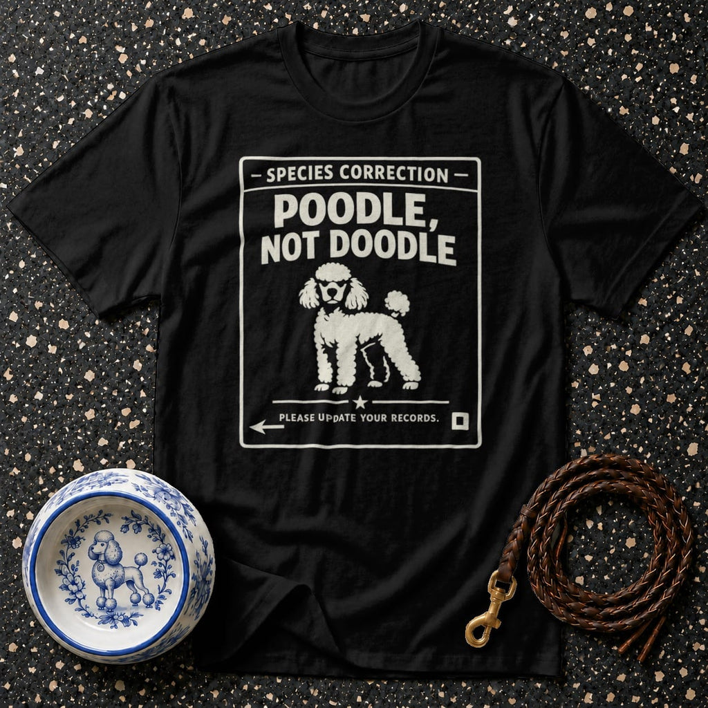 Black t-shirt with "Poodle, Not Doodle" text and poodle graphic.