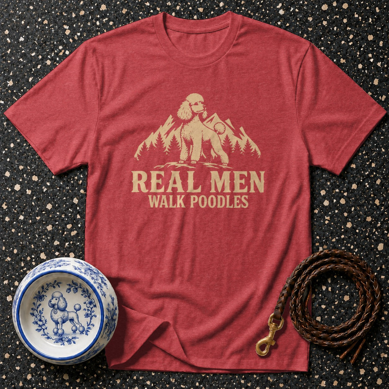 Red t-shirt with "REAL MEN WALK POODLES" graphic featuring a poodle.