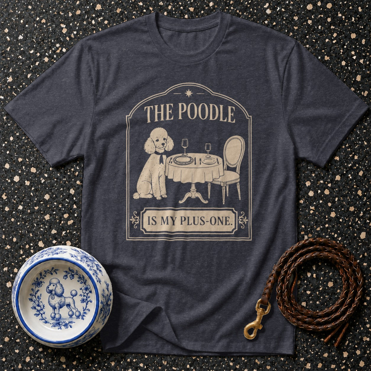 Dark t-shirt with poodle graphic and text "The Poodle Is My Plus-One."