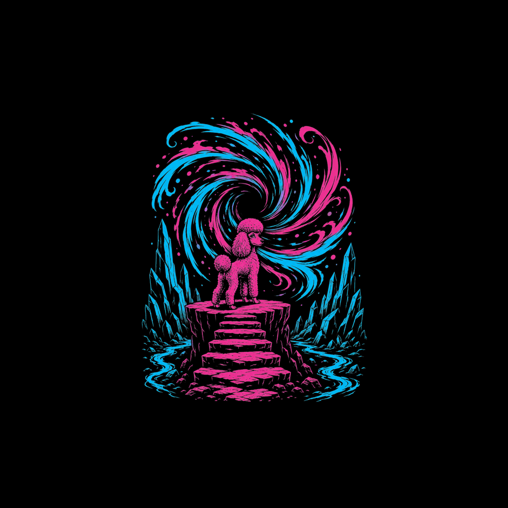 Pink poodle stands on stairs with swirling pink and blue vortex above.