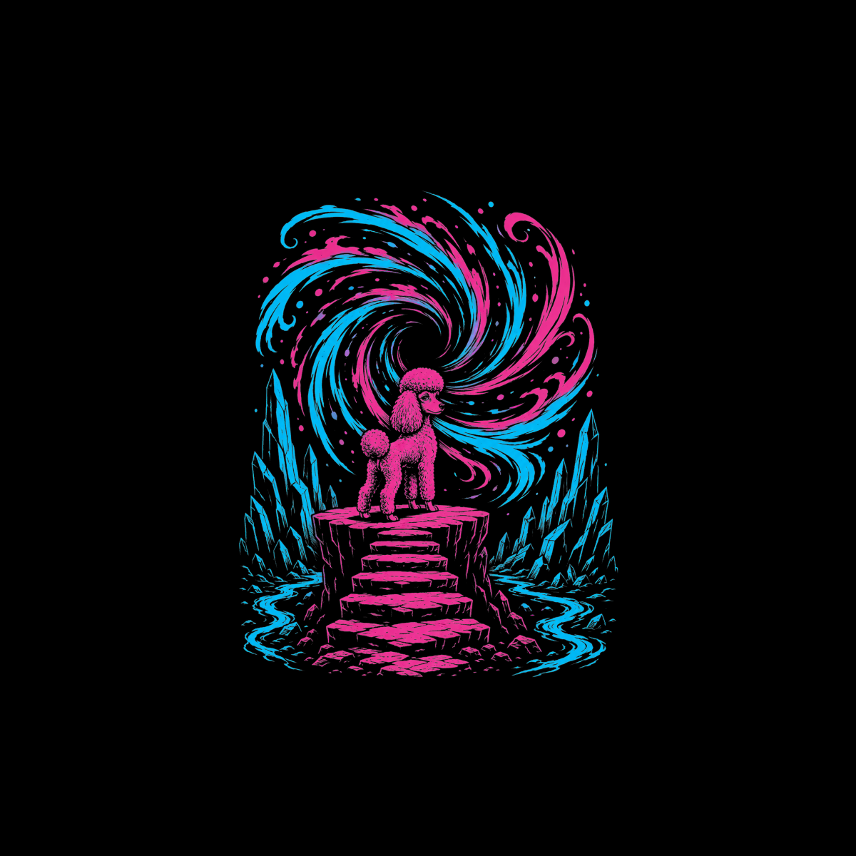 Pink poodle stands on stairs with swirling pink and blue vortex above.