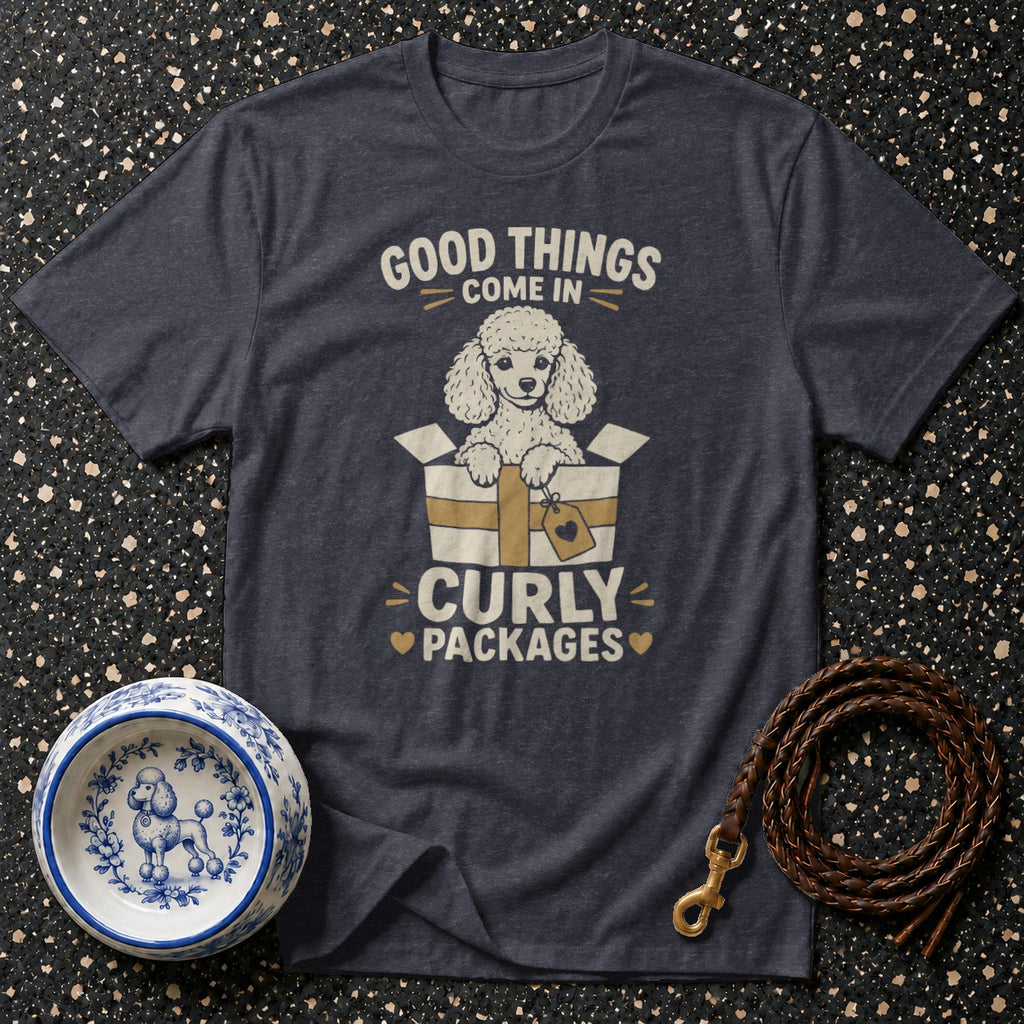 T-shirt with poodle in box graphic: "Good things come in curly packages."