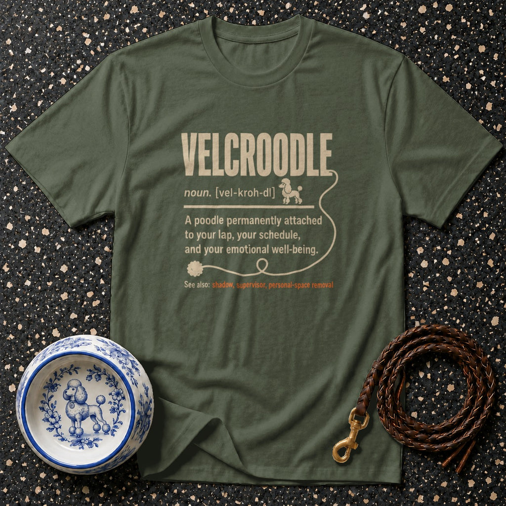 Green t-shirt with VELCROODLE definition and poodle illustration.