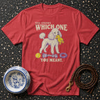 Red t-shirt with poodle graphic and text "She knows which one you meant."