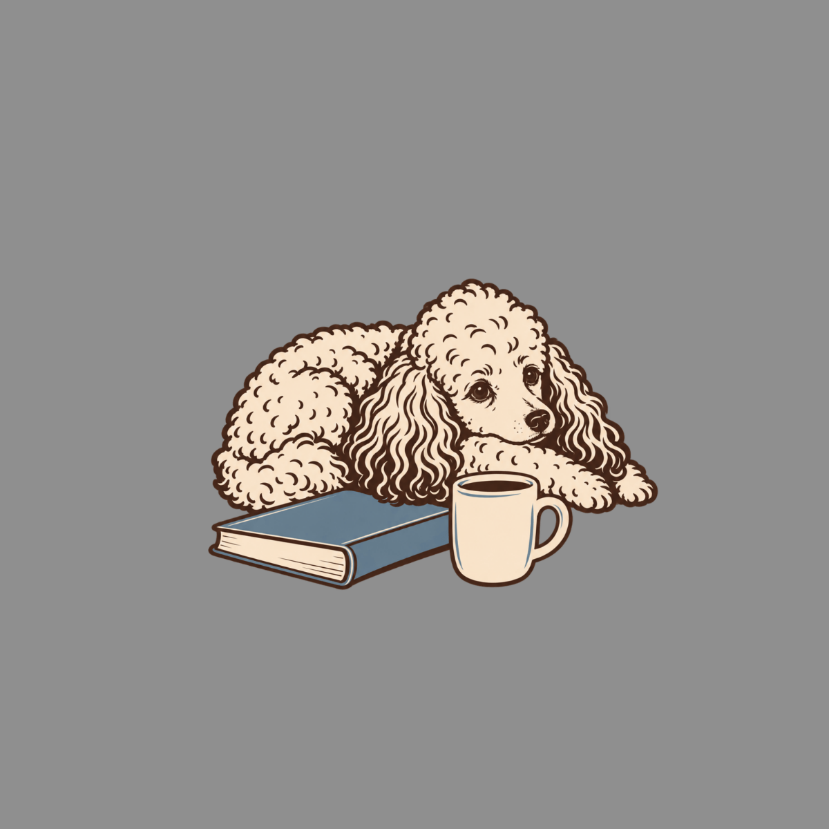 Poodle resting on book next to a cup of coffee.