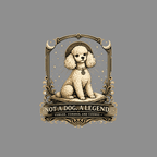 Poodle with halo and stars, with text "NOT A DOG. A LEGEND."