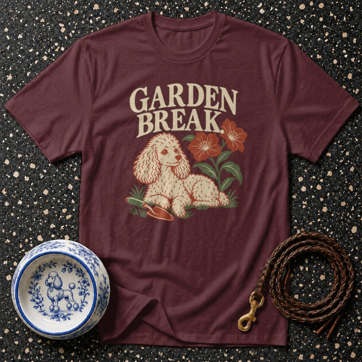 Maroon t-shirt with "GARDEN BREAK" text and a poodle illustration.