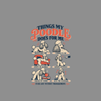 "Things My Poodle Does For Me" illustration with six poodle actions and captions.