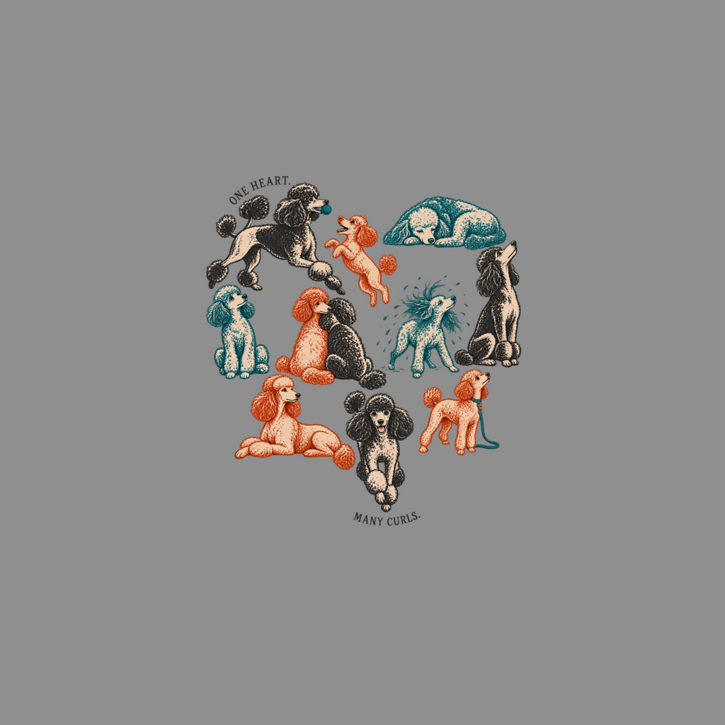Collection of poodles in various poses with text "ONE HEART MANY CURLS."