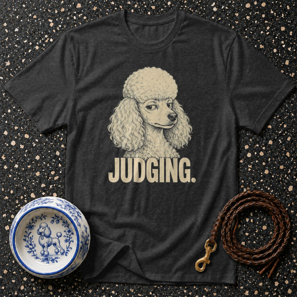 Dark grey t-shirt with poodle graphic and "JUDGING." text.