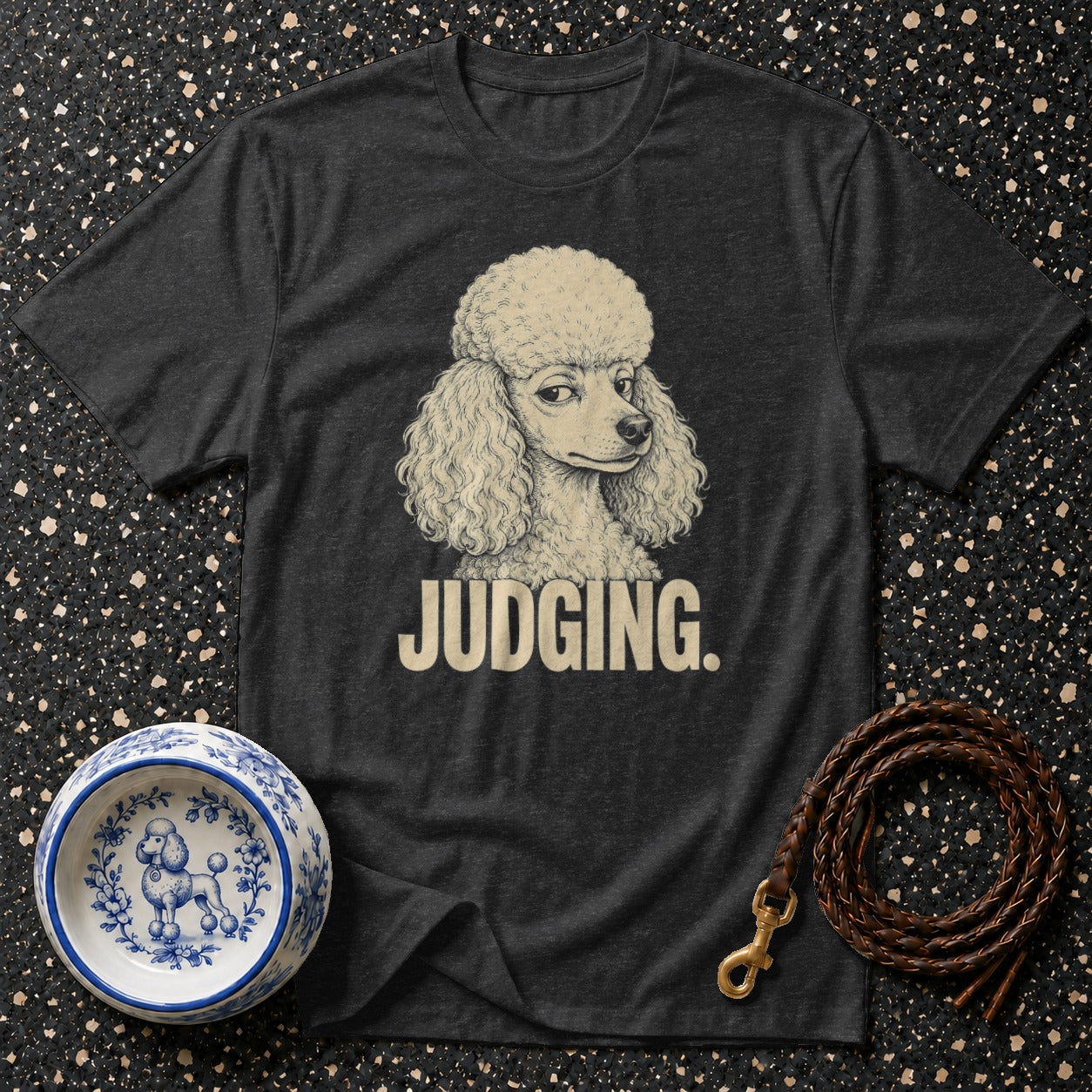Dark grey t-shirt with poodle graphic and "JUDGING." text.