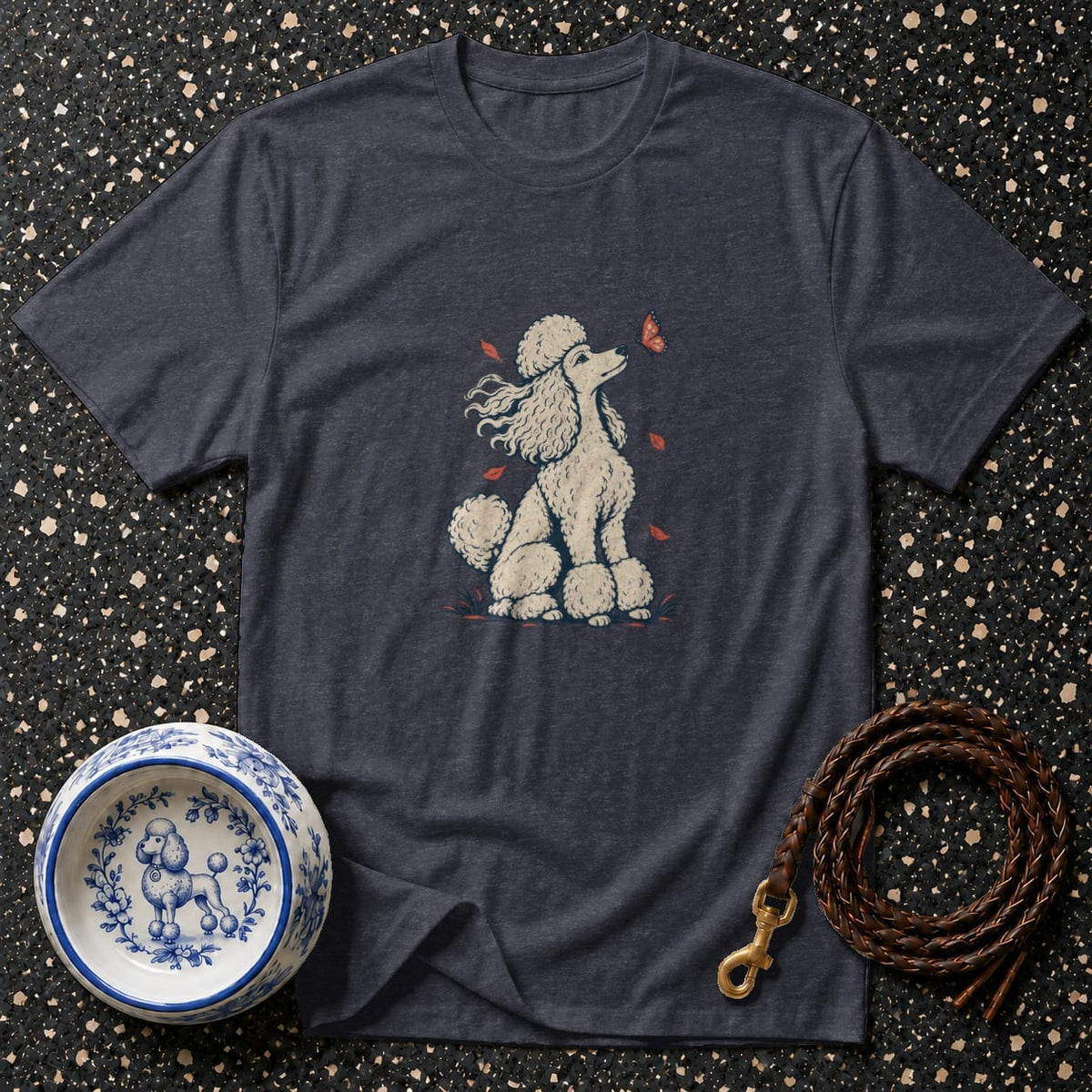 Dark gray t-shirt with white poodle and butterfly graphic and matching dog bowl.