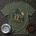 Green t-shirt with a graphic of two poodles in a moonlit mountain forest scene.