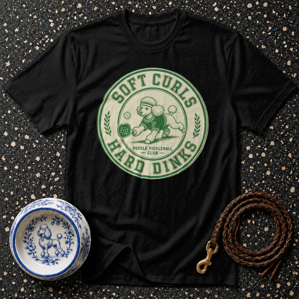 Black t-shirt with "Poodle Pickleball Club" logo featuring a poodle playing pickleball.